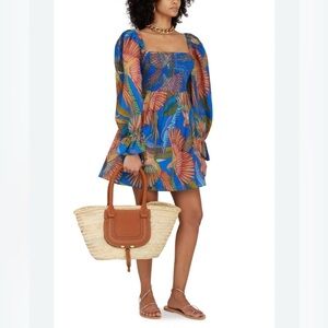 Farm Rio Macaw Flight Mini Dress Smocked Anthropologie Puff Sleeves Size XXS